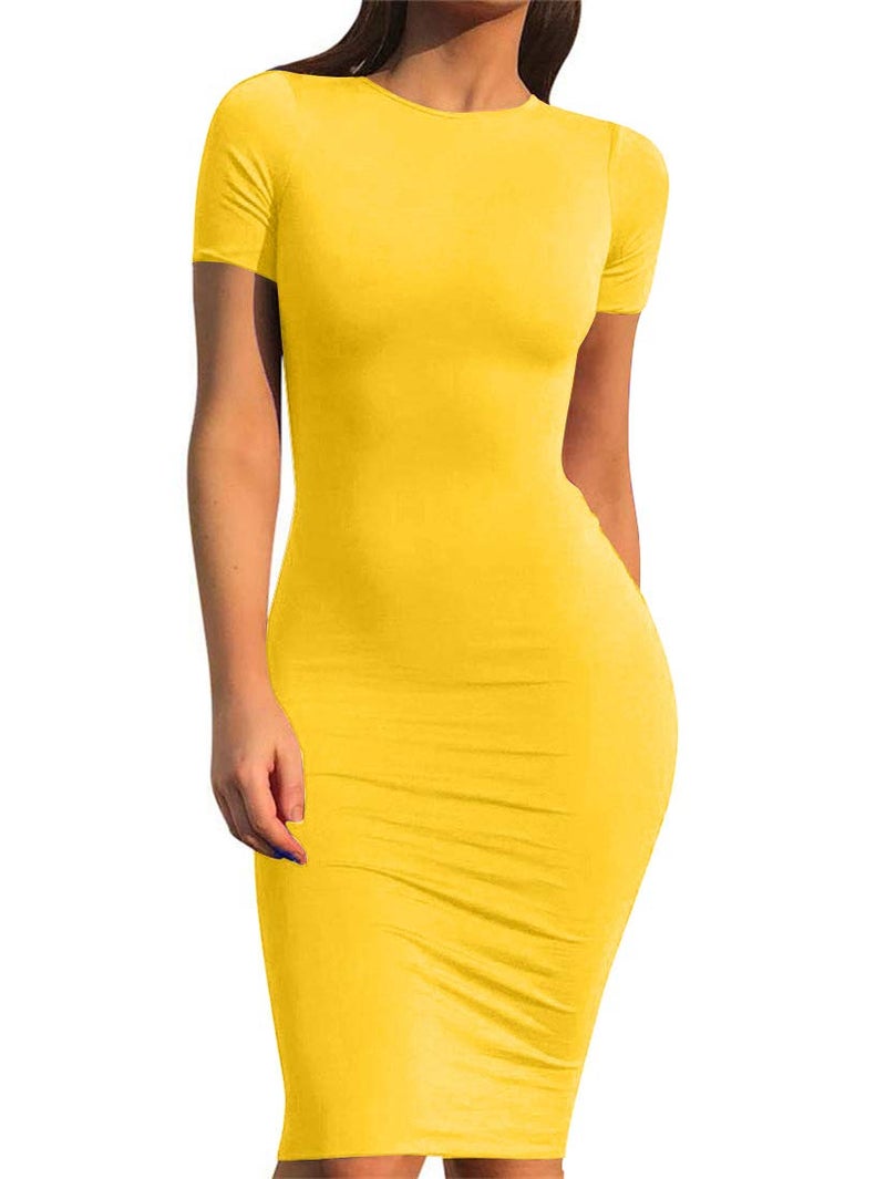 Mokoru Women's Casual Basic Pencil Dress Sexy Long Sleeve Bodycon Midi Club Dress, Large, Short Sleeve Yellow - Image 2